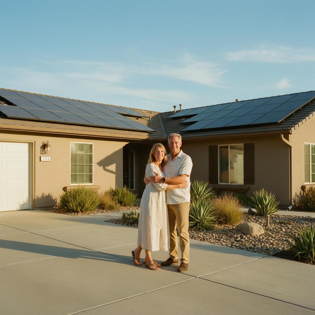 Propietarios felices de San Diego frente a su hogar con energía solar