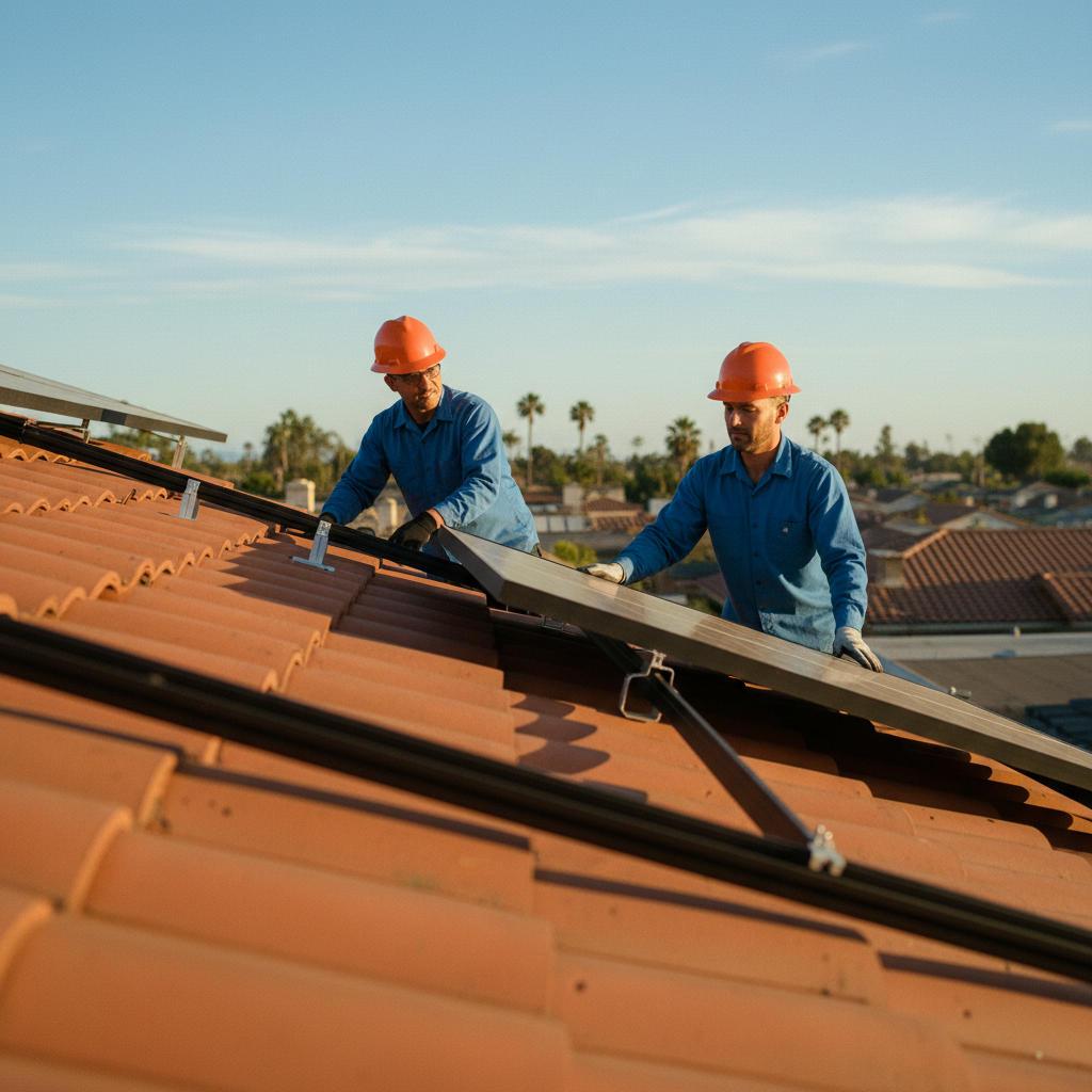 San Diego Solar Surfers installers placing solar panels on a tile roof