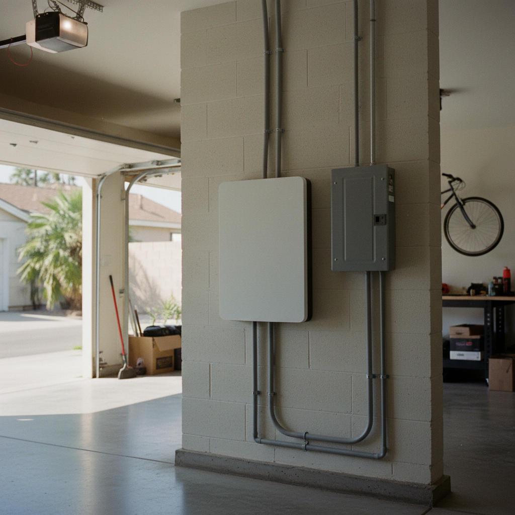 Batería Tesla Powerwall y panel eléctrico instalados en un garaje de San Diego